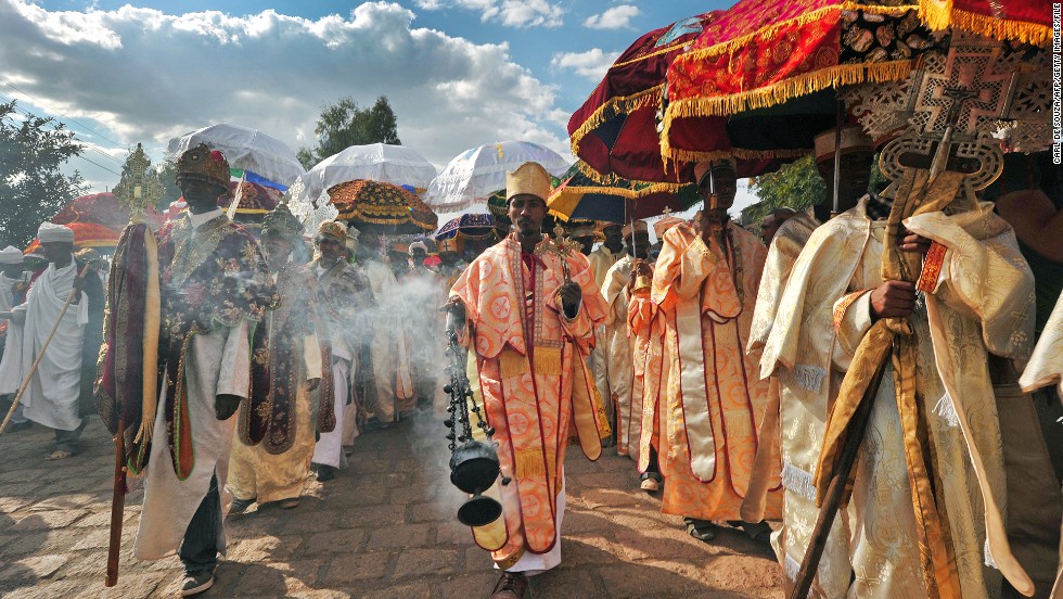 Priests and monks in Lalibela celebrate the Ethiopian Orthodox festival of Timkat which remembers the Baptism of Jesus in the Jordan River