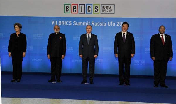 India Narendra Modi, President of Russia Vladimir Putin, President of The People’s Republic of China Xi Jinping, and President of South Africa Jacob Zuma, at the BRICS 2015 Summit. Credit: BRICS2015