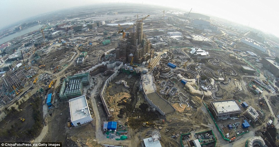 Aerial shots of the construction of Disneyland Shanghai