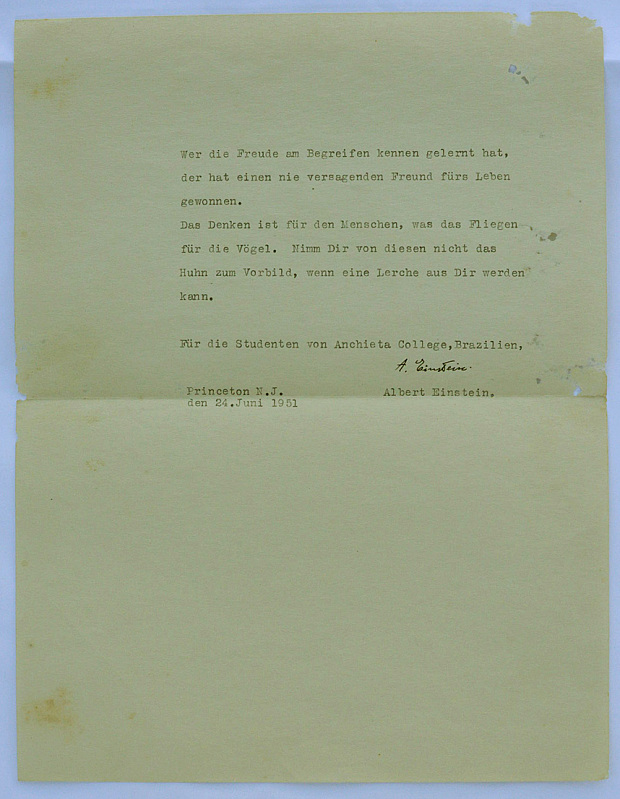 The letter was written and sent from Princeton, New Jersey at the request of Father Gaspar Dutra who met Einstein in New York whilst training.