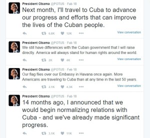 Barack Obama's posts on his official Twitter account on 18 March 2016