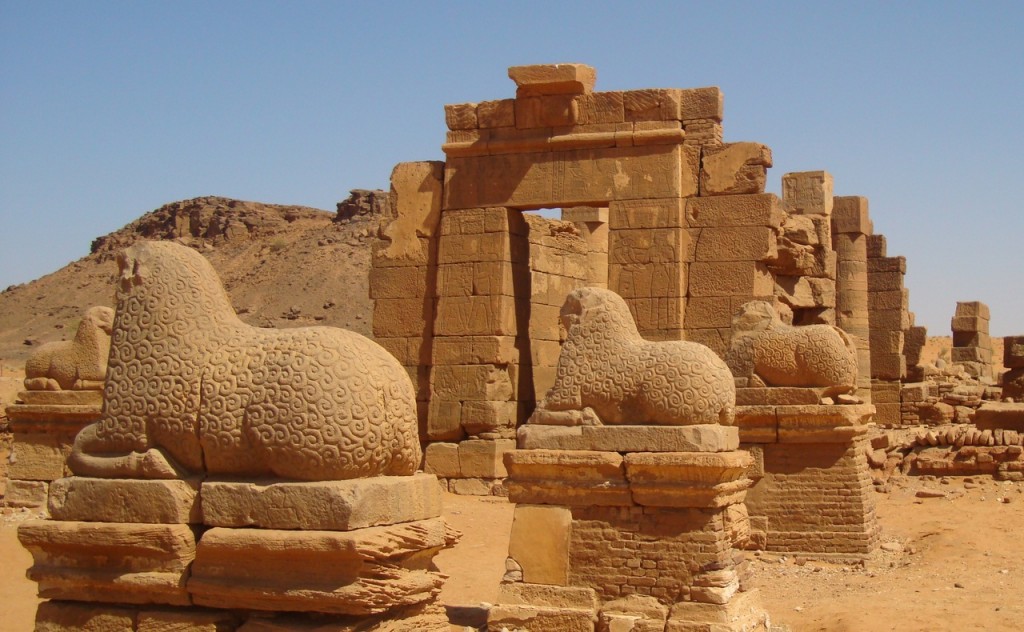 Lion statues among the ruins of Sudanese heritage site