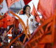 Peru's presidential candidate Keiko Fujimori of 'Fuerza Popular' party gestures during her closing campaign meeting in Lima