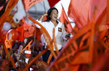 Peru's presidential candidate Keiko Fujimori of 'Fuerza Popular' party gestures during her closing campaign meeting in Lima